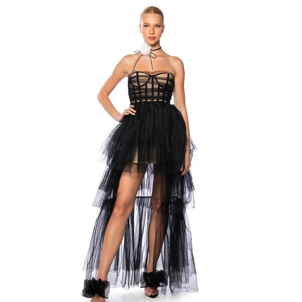 

Strapless High Low Tulle Dress See Through Sweetheart Woman Clothes Layered Ruffled Party Dress Midi length vestidos para mujer