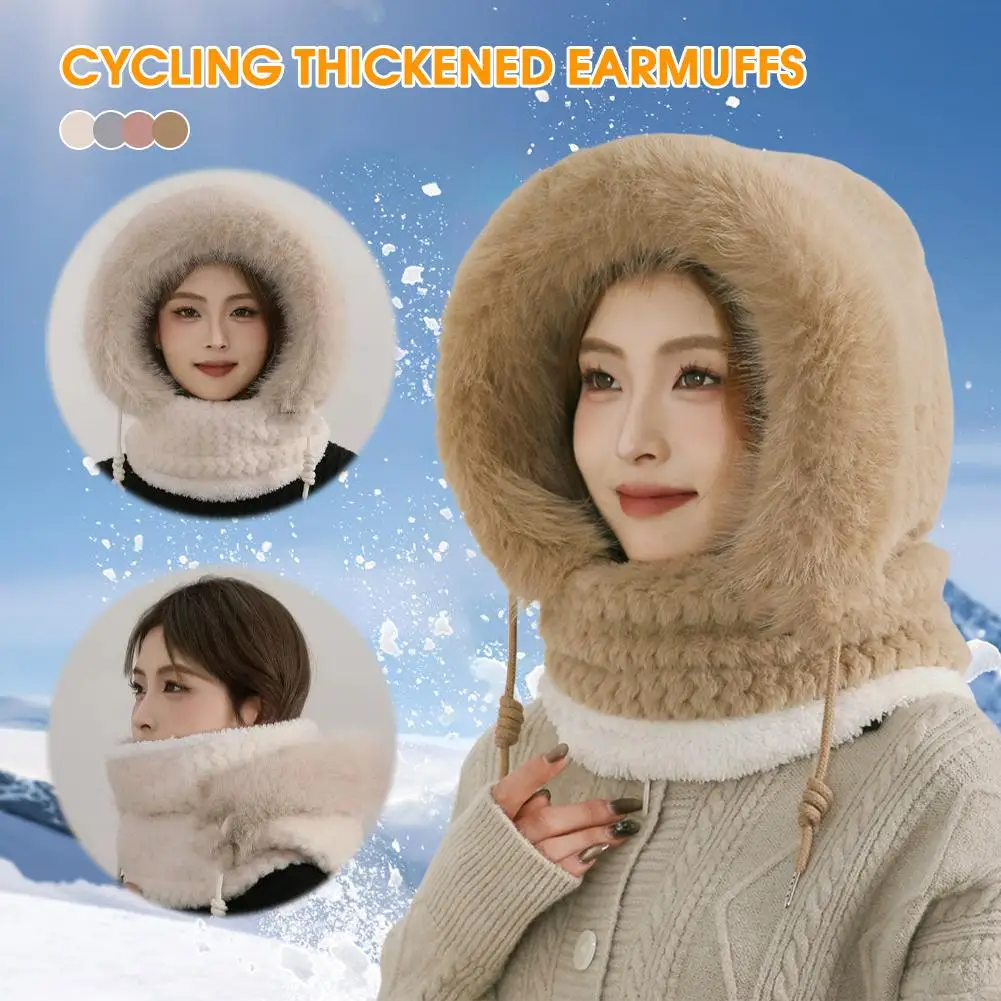 قبعة شتوية نسائية قطيفة بغطاء رأس سميك دافئ مع قناع وشاح لحماية الأذن، قبعة حرارية مقاومة للرياح لركوب الدراجات في الهواء الطلق #2