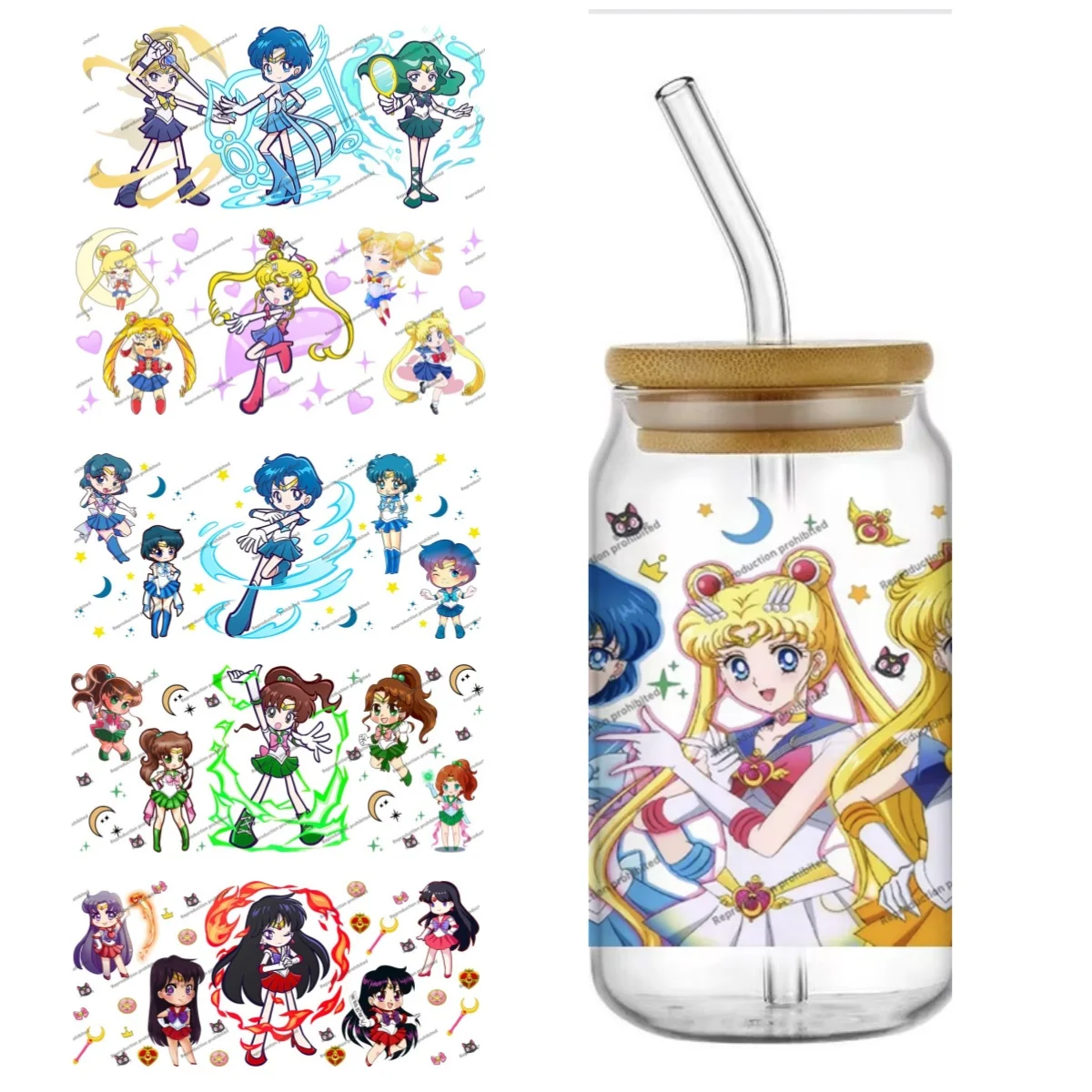 Süße Anime-Cartoon Sailor Moon Themen-UV-Aufkleber DIY-Abziehbilder 3D-Transfers UVDTF Becher-Siegelaufkleber 16oz UV DTF Becherfolien
