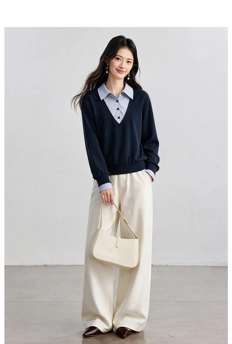 VIMLY Fake Two-piece Striped Collar Sweatshirt for Women 2026 Autumn Coffee Color Commute Casual Loose-fit Female Pullover A7577