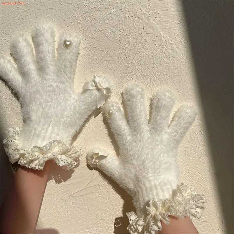 Q5WE Children Girls Bowknot Ruffle Lace Trim Thick Warm Fuzzy Full Finger Gloves