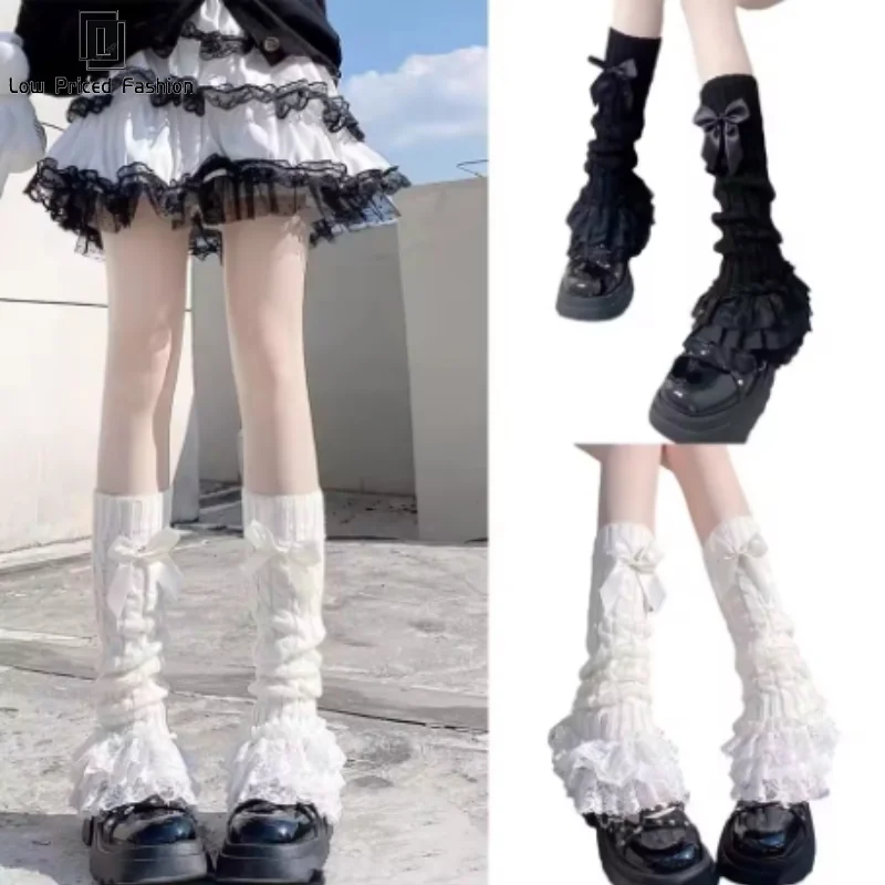 Japanese Women Knitted Leg Warmer Bow Tiered Ruffled Socks Girl Lace Lolita Socks Calf T-shaped Lace Leg Horn Warmers Women