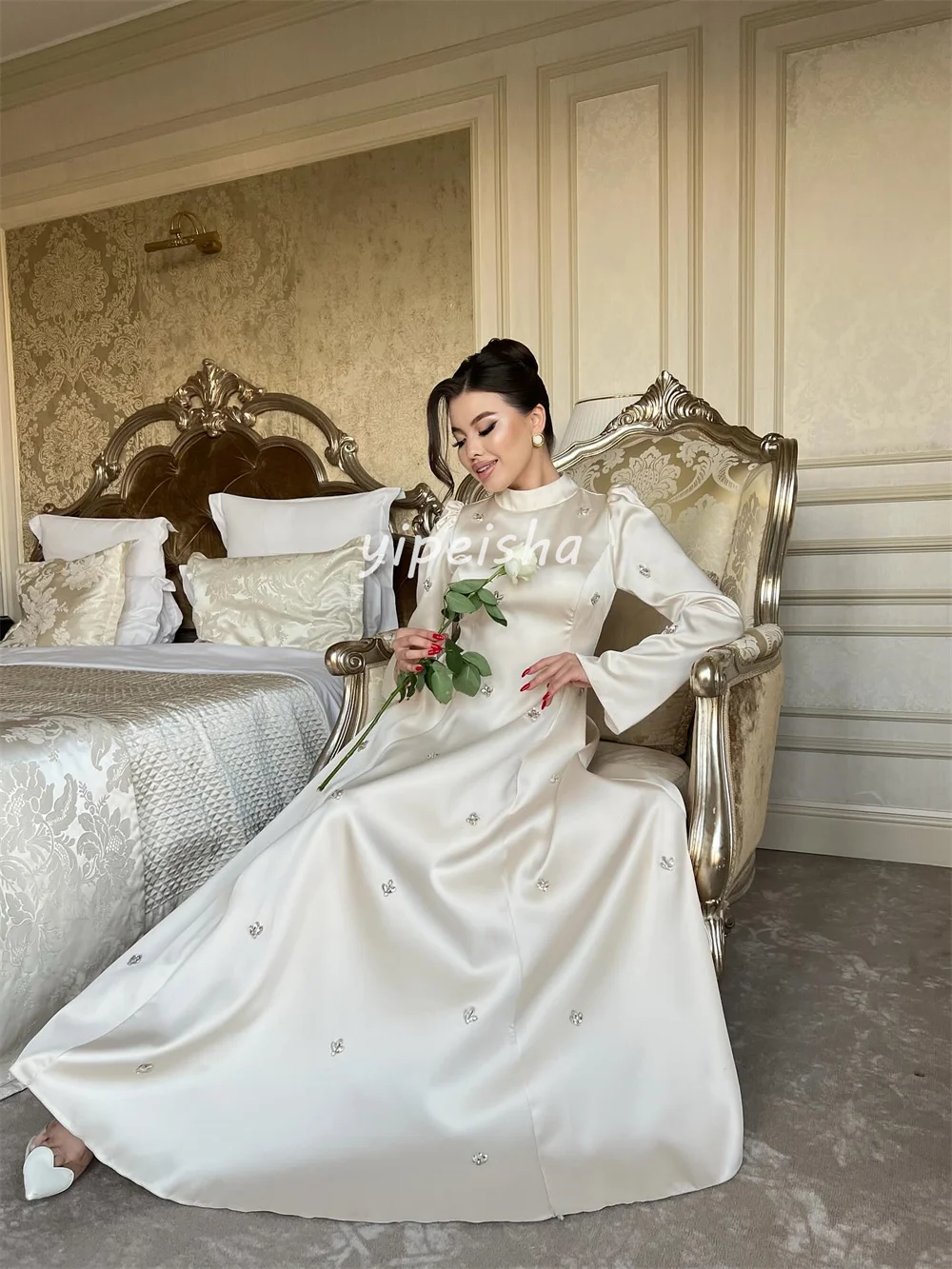 Customized Matching Fashion Rhinestone Pleat A-line High Collar Long Dresses Bespoke Occasion Dresses Exquisite Elegant Formal