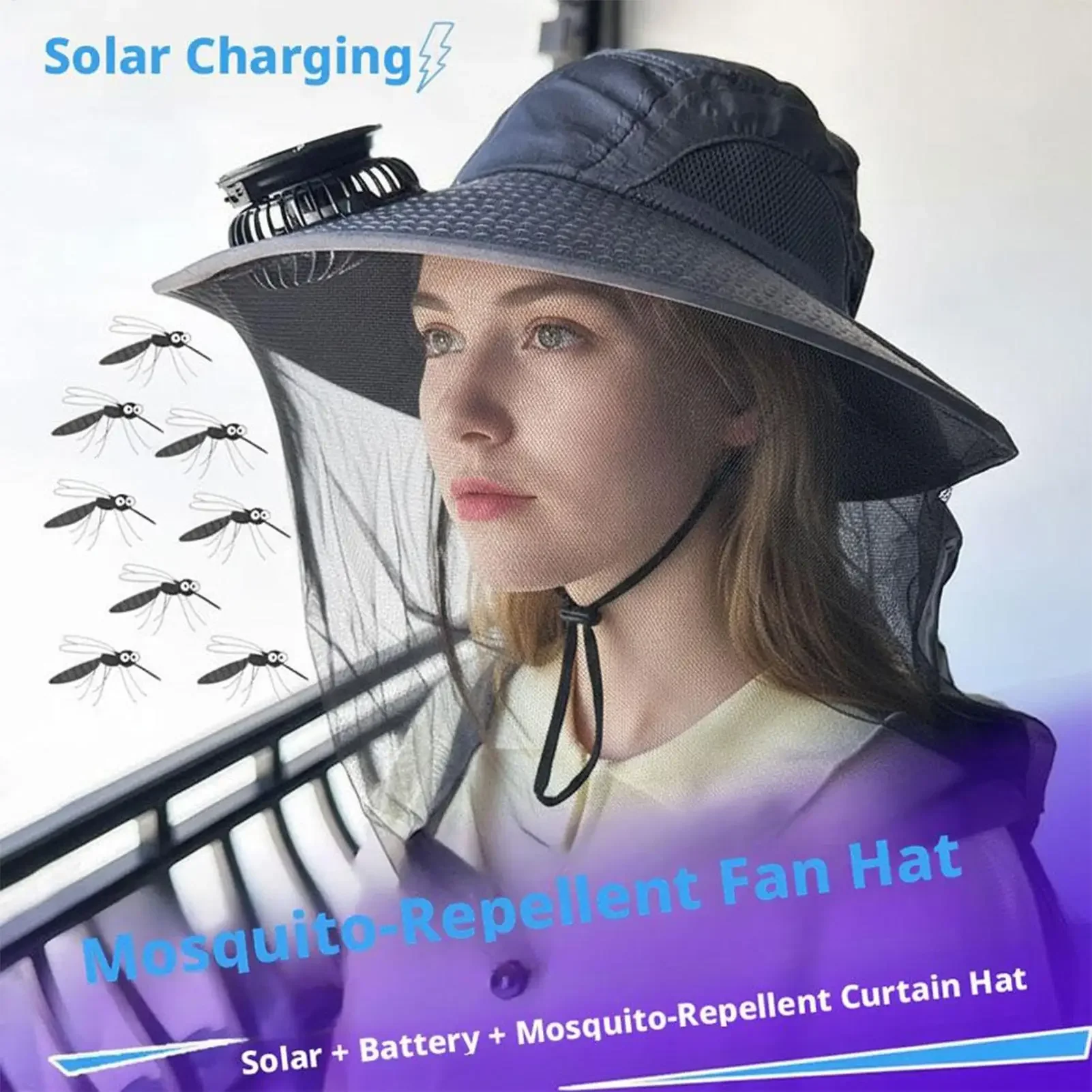 Solar USB Charging Fan Hat Men Wide Brim Sun Hat Personal Cooling Caps Sun Protection Insect Mesh Beekeeping Fishing Caps