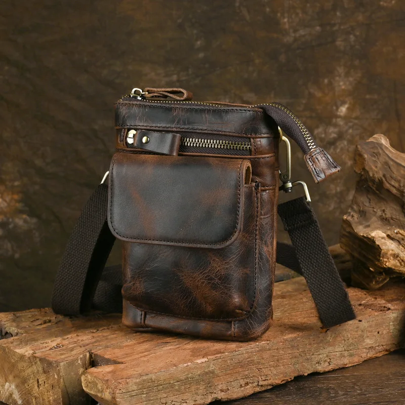 Retro Crazy  Leather Men's Waist Bag Single Shoulder Slant Crossbody Leisure Male Bag Genuine Leather Sports Trendy Bag