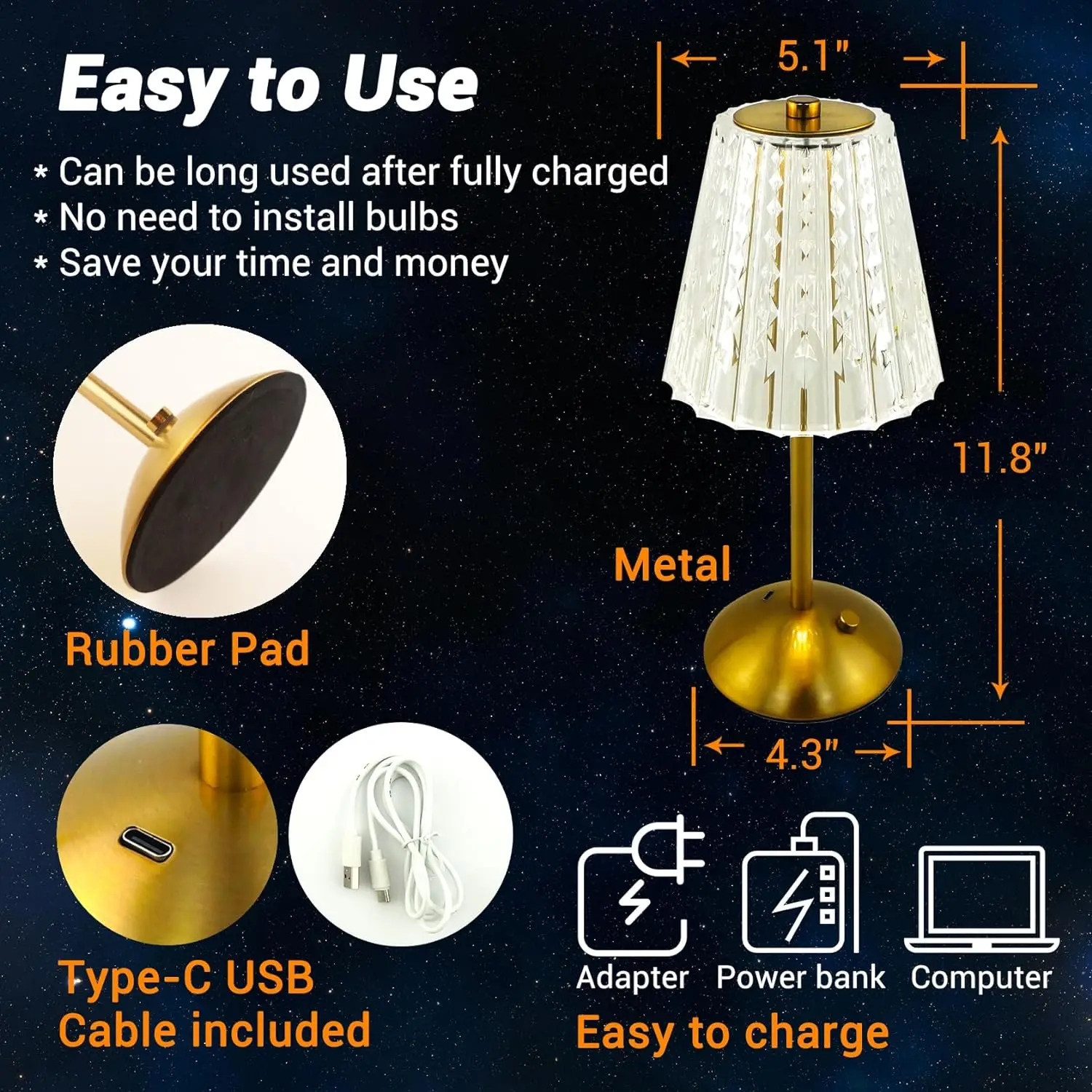 Cordless table lamp Rechargeable battery powered light 3 color modes and stepless dimmable LED touch light Portable crystal gold