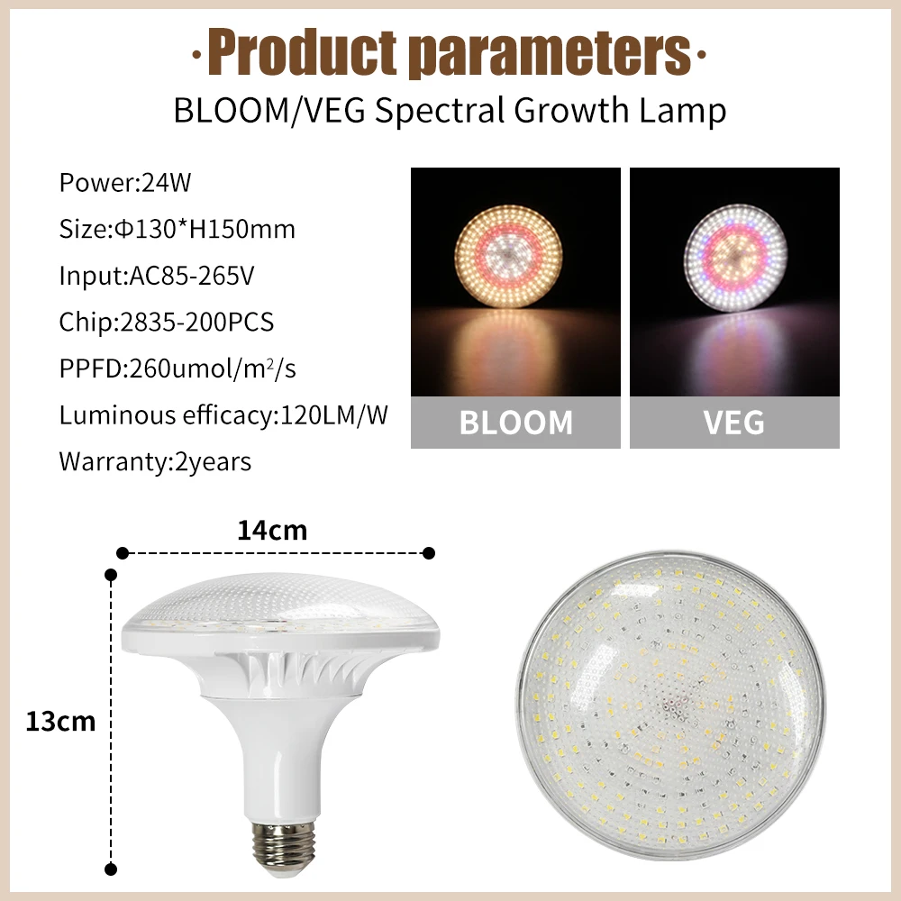 24W Tre tipi di teste lampada Lampada per la crescita delle piante AC85-265V BLOOM VEG Lampada per la crescita spettrale Lampada per coltivazione a LED a colori di luce naturale reale