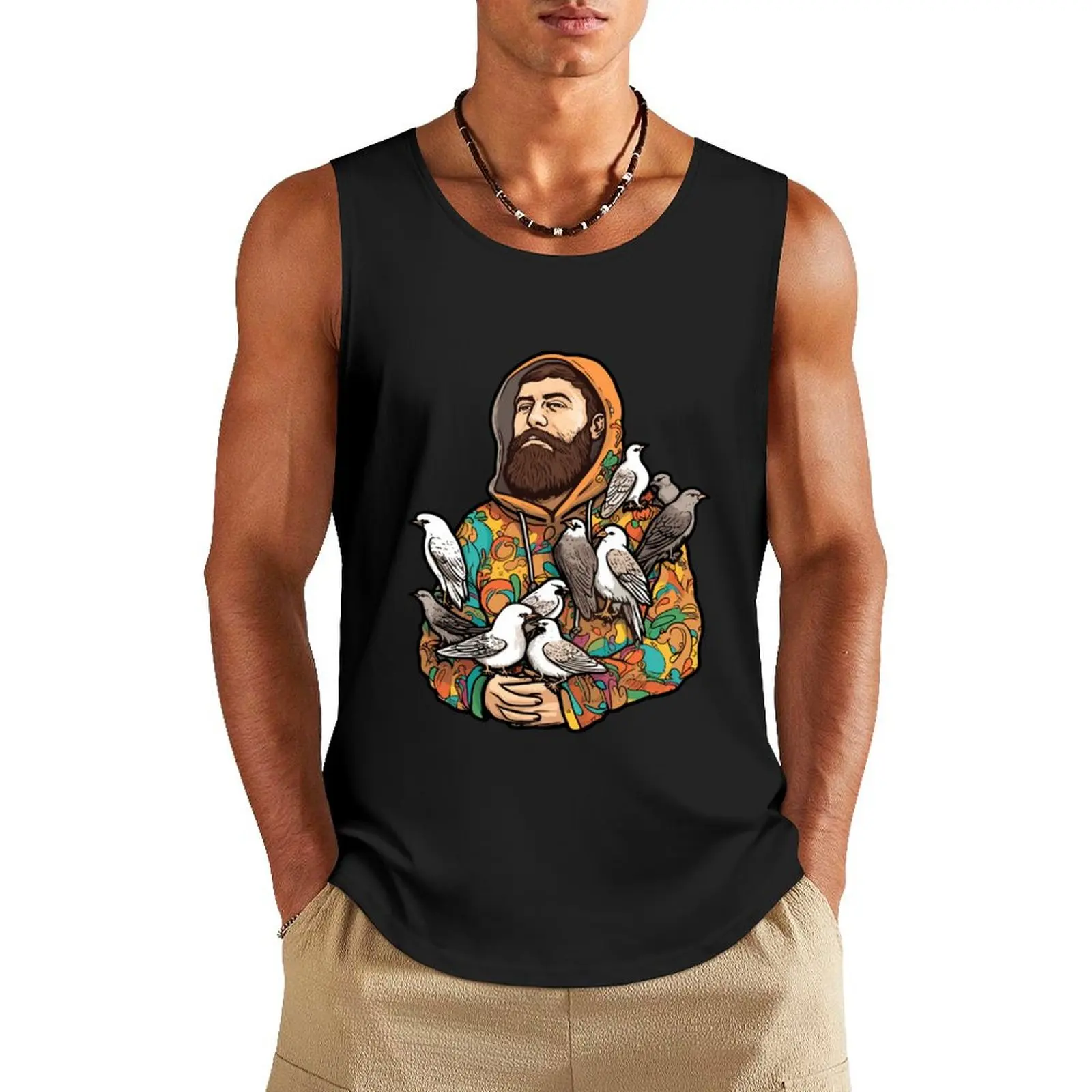 

Modern Day St Francis of Assisi and birds Tank Top gym clothing men t-shirts man Men's sleeveless gym shirts