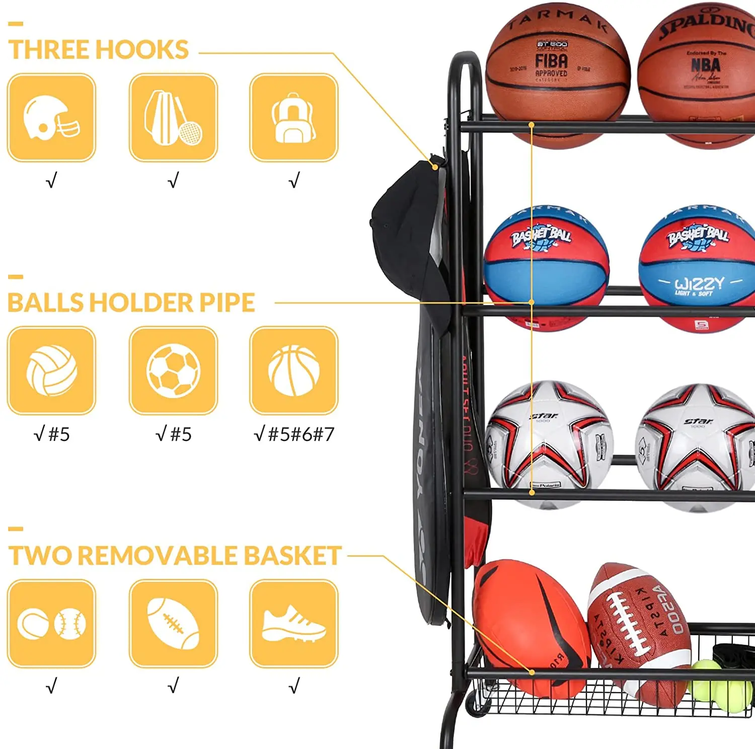스포츠 공 보관 트롤리 농구 골대 3단 공 홀더, 차고 보관 정리용 금속 바구니 2개 포함