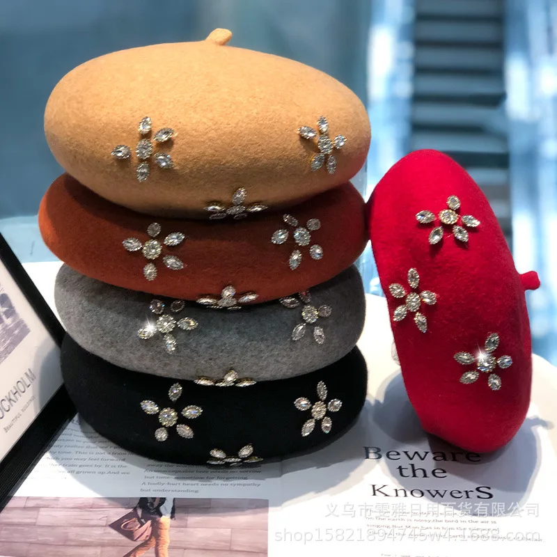 

Французский берет из толстой шерсти с цветочным декором из страз, модная осенняя восьмиугольная шляпа для художниц, женская шляпа художника, головной убор