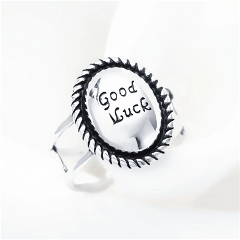 Double Layer Geometric Circle Good Luck Letter Retro 925 Sterling Silver Female Resizable Opening Rings RI507