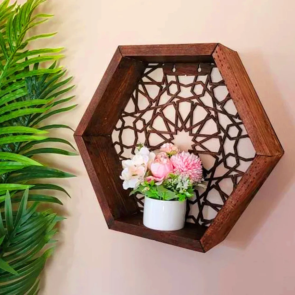 Wood Hexagon Floating Shelves Photos Plants Hanging Storage Shelves For Living Room Bedroom Bathroom Office Party Decorations