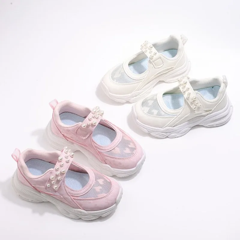 Girls' solid color mesh hollow sports shoes for summer 2026, new children's mid to large pearl solid color causal shoes