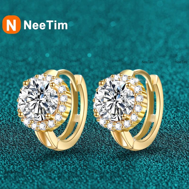 NeeTim 0.5ct 1ct Sparkling Moissanite Earrings S925 Silver with White Yellow Gold Plated Wedding Party Hoop Earring For Women