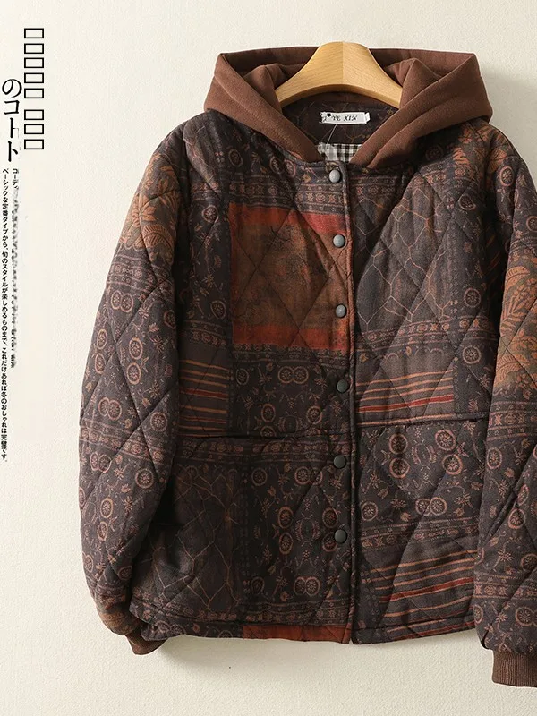 

Thiened Ретро повседневная хлопковая куртка с капюшоном большого размера с принтом брендовая зимняя одежда на заказ для женщин Long Sve на одной пуговице