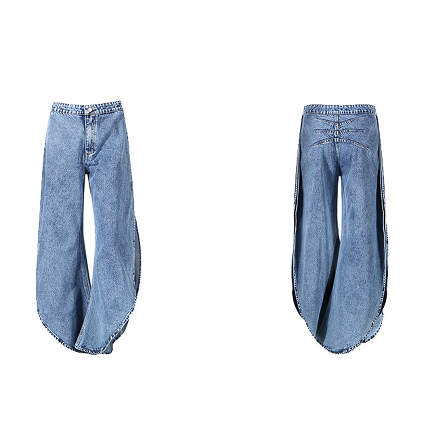 Y2K Women Denim Two Piece Outfit Sleeveless Ruffle Peplum Top High Waist Split Balloon Wide Leg Jean Matching Sets view 2