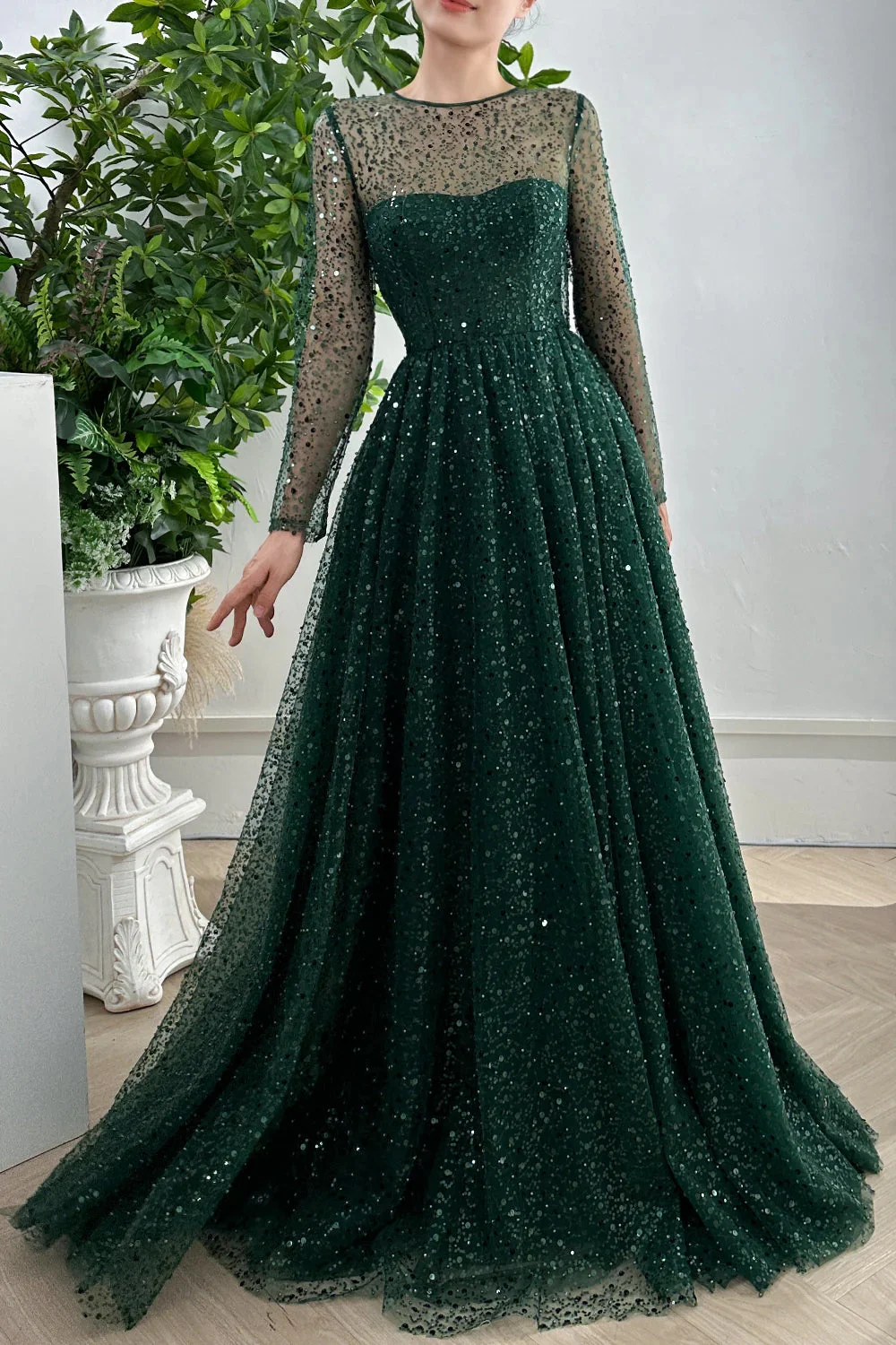 Bella Green-vestido de fiesta con lentejuelas brillantes, traje elegante de manga larga hasta el suelo con cuello redondo, 2024