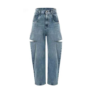 Jeans rasgados retos clássicos para mulheres, calças casuais para mulheres, furo de faca, cintura alta, calças jeans soltas, calças de rua retrô, roupas Y2K