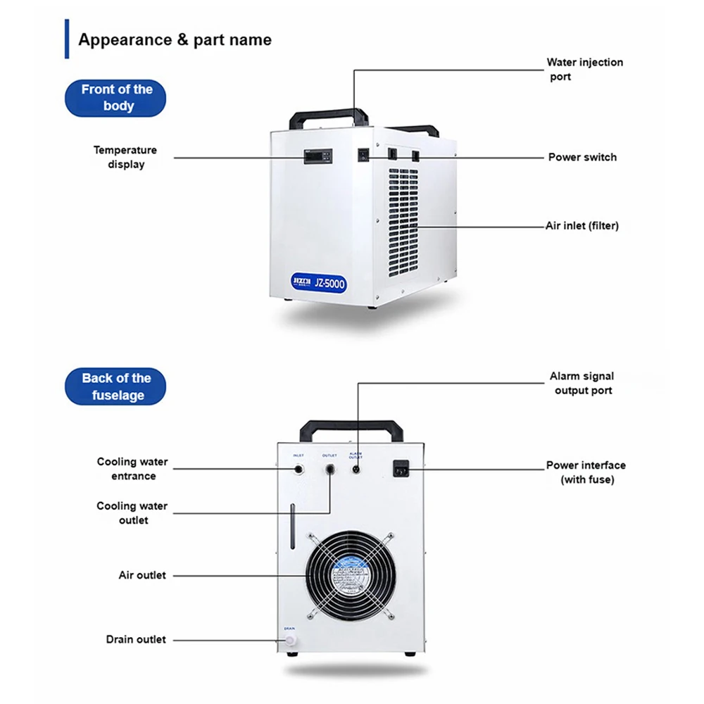 JZ-5000/5200 Industrial Water Chiller for CO2 Laser Engraving Cutting Machine Cooling 100-150W Laser Tube DG110V AG220V