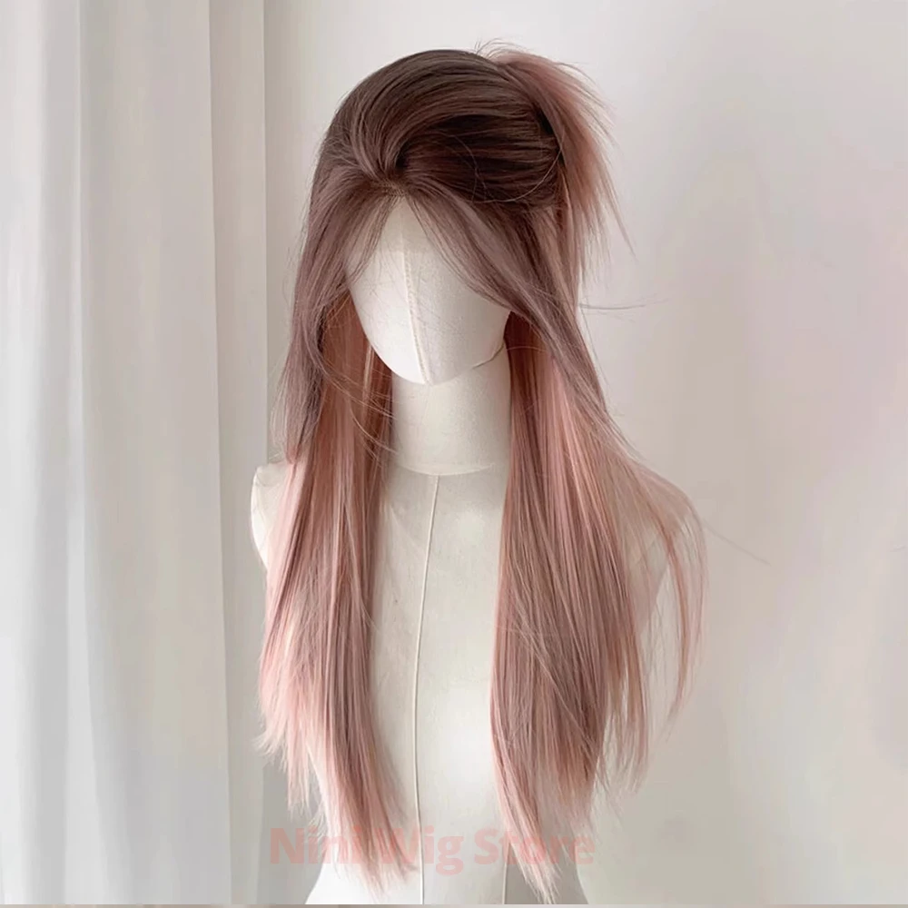 Gradual Pink Brown Long Straight Synthetic Wig Forehead Lace Wigs for Women for Halloween Cosplay Party Daily Use Heat Resistant