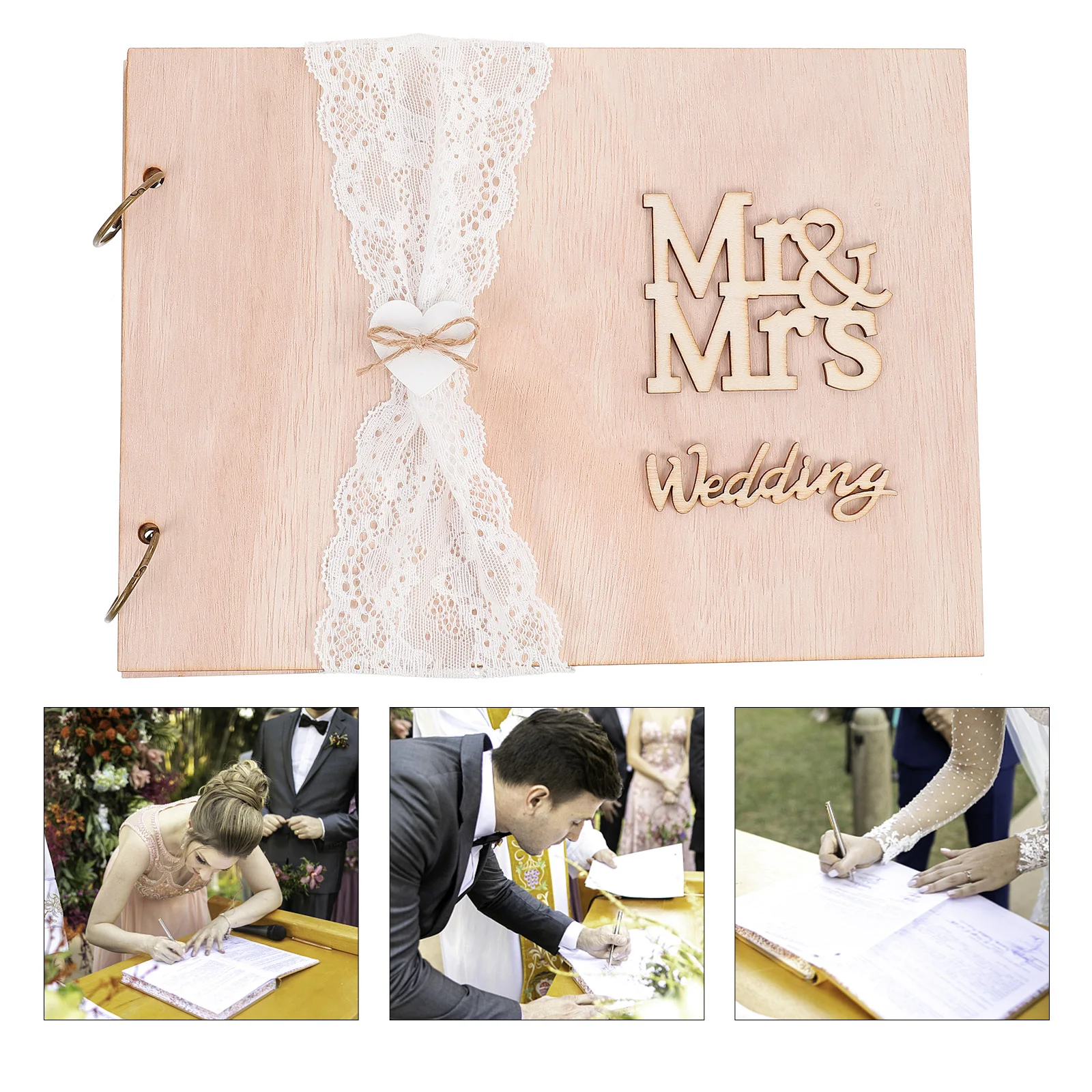 

1Pcs Wedding Guest Book 10 Pages Vintage Wooden Guest Sign-in Message Book for Engagement Ceremony Reception Party