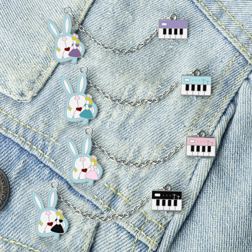 Cute Princess Hugging The Rabbit Brooches with Chain Custom Piano Pin Lapel Shirt Backpack Enamel Badges Jewelry Gift For Friend