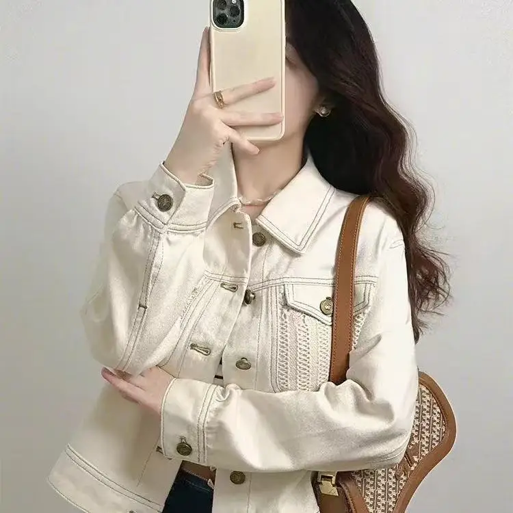 Weiße lange Jeansjacke für Damen, Herbst-High-End-Look, für kleine Größen