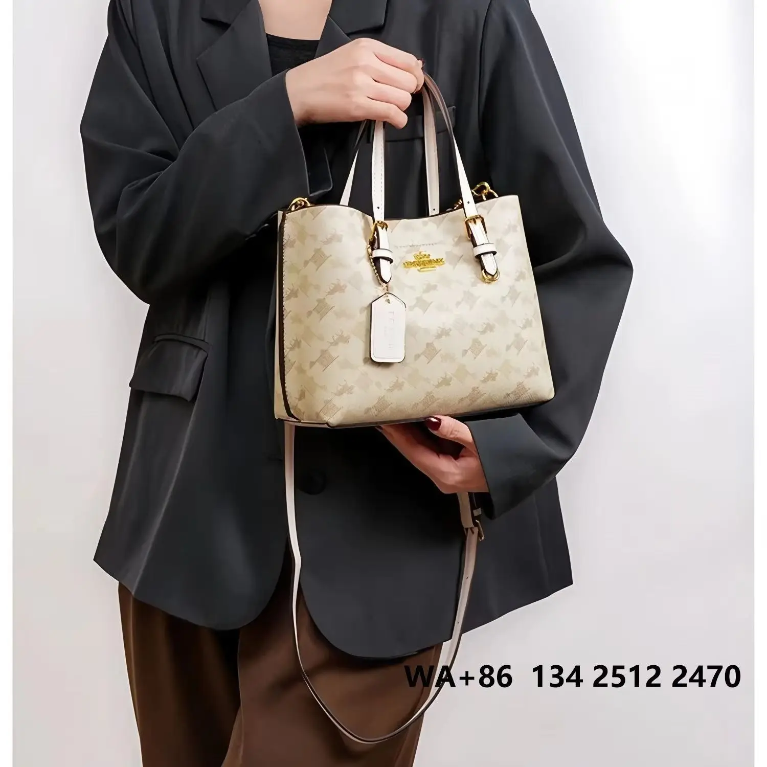 Vintage Light Cream Printed Medium Tote Bag Two-Way Carry Elegant Commute Women's Fashion Crossbody Handbag.