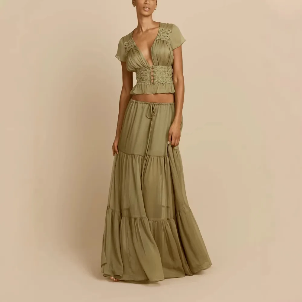 European and American women's sexy waist cinched V-neck top+drawstring long skirt vacation style set dress