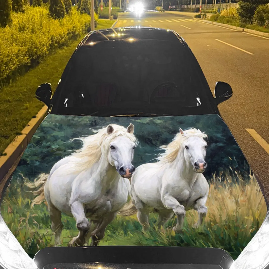 

Car Decals Two Horses With Spirited And Dynamic Charm In A Grassland Car Hood Sticker, Waterproof Self - Adhesive Vinyl Graphics