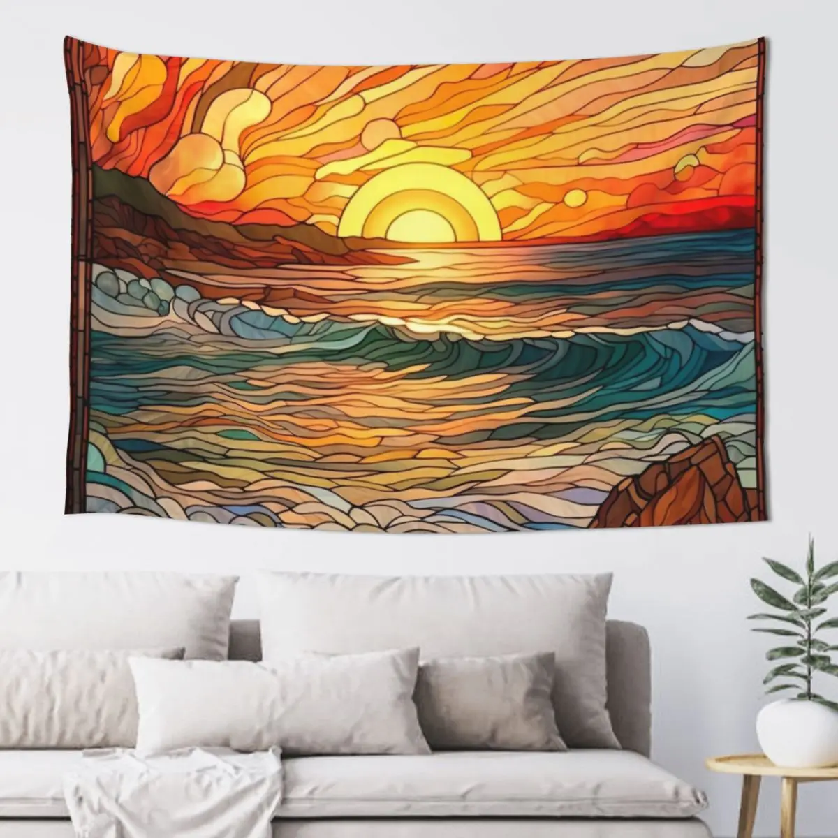 Stained Glass Beach Scene and Sunset Tapestry Room Decoration Accessories Wall Decoration Outdoor Decor Tapestry