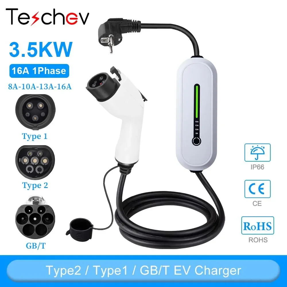 

3.5KW Type 2 Portable EV Charger 16A 1Phase Type 1/GBT Electric Car Charger Fast Charging Cable CEE Plug For Hybrid Eletric Cars