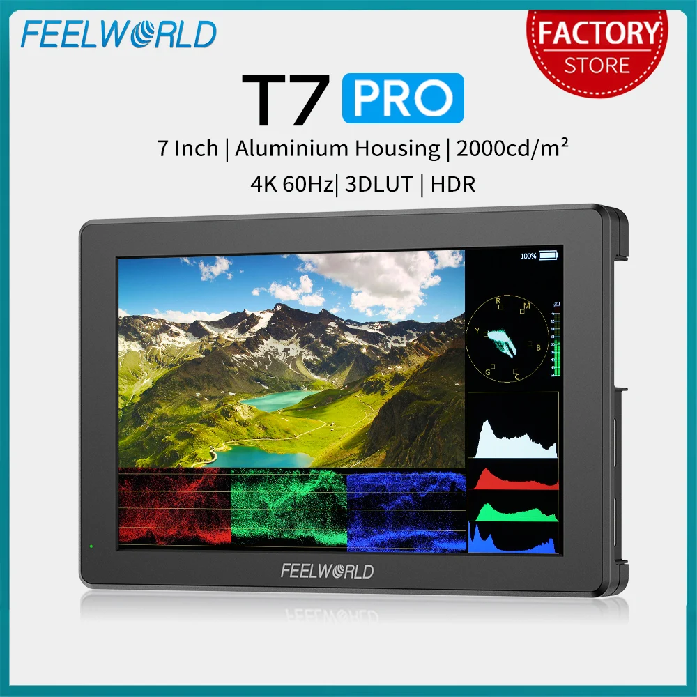 FEELWORLD T7 PRO 7 Inch 2000nit Aluminium Field Camera Monitor 4K HDMI 60Hz Input Output 1920x1200 Waveform 3D LUT HDR
