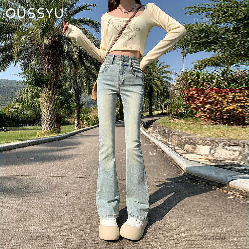 

Flared Jeans Women Cotton High Waist Slim Y2K Lengthened Pants Elastic Force Retro Blue Grey Fashion Trousers Female XS-XXL