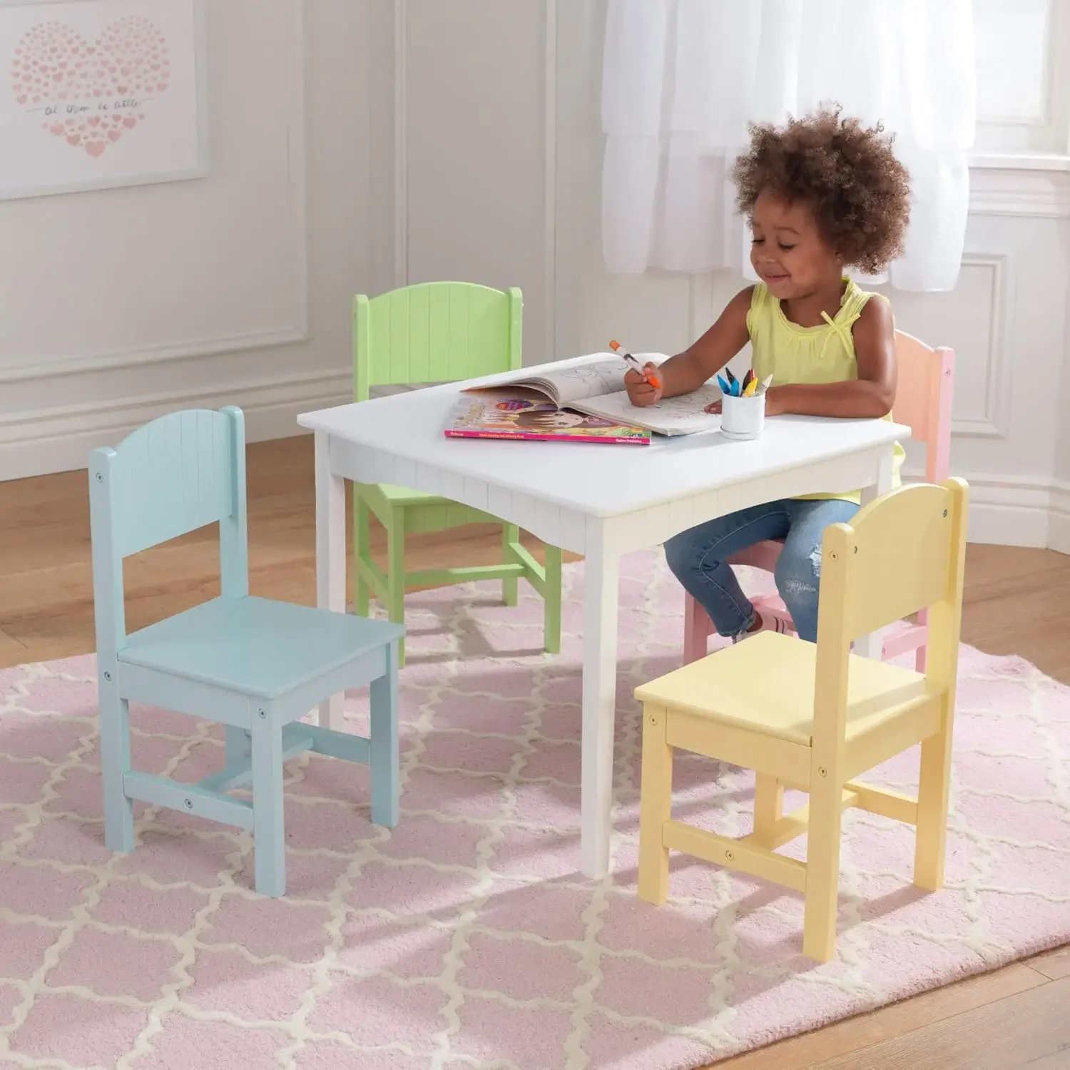 Nantucket Kid's Wooden Table & 4 Chairs Set with Wainscoting Detail, Pastel