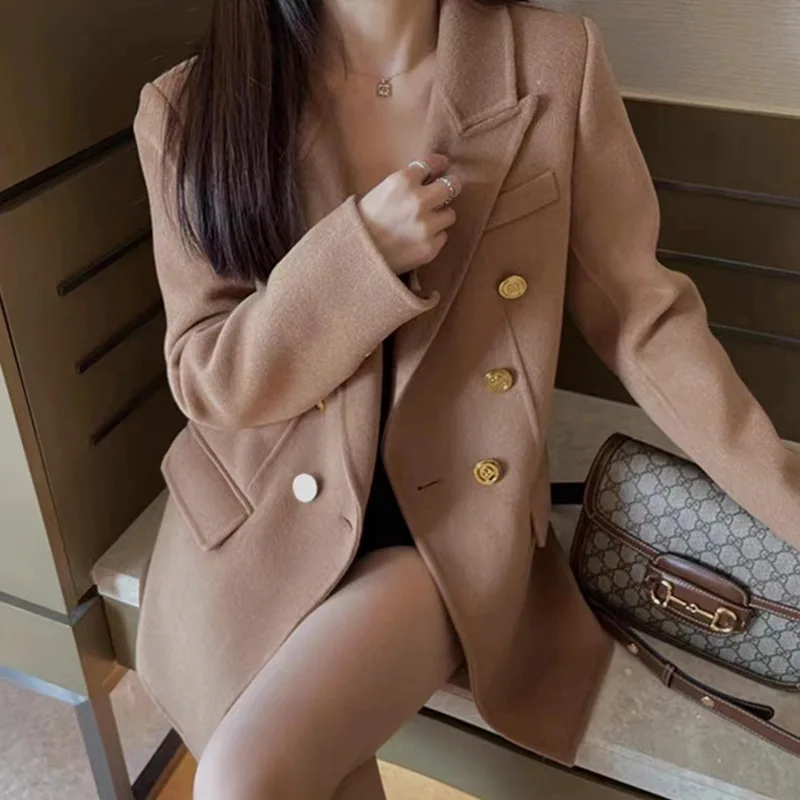 

2024 spring new double-breasted double-sided woolen coat temperament commuting Europe and the United States, suit collar