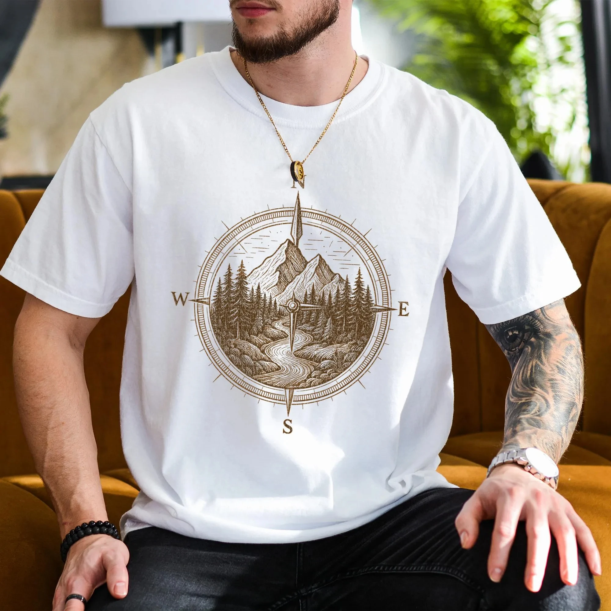 Men's Summer Casual T-shirt Simple and Comfortable Compass Mountain Graphic MenTee Comfort Colors Vintage Adventure Hiking Shirt