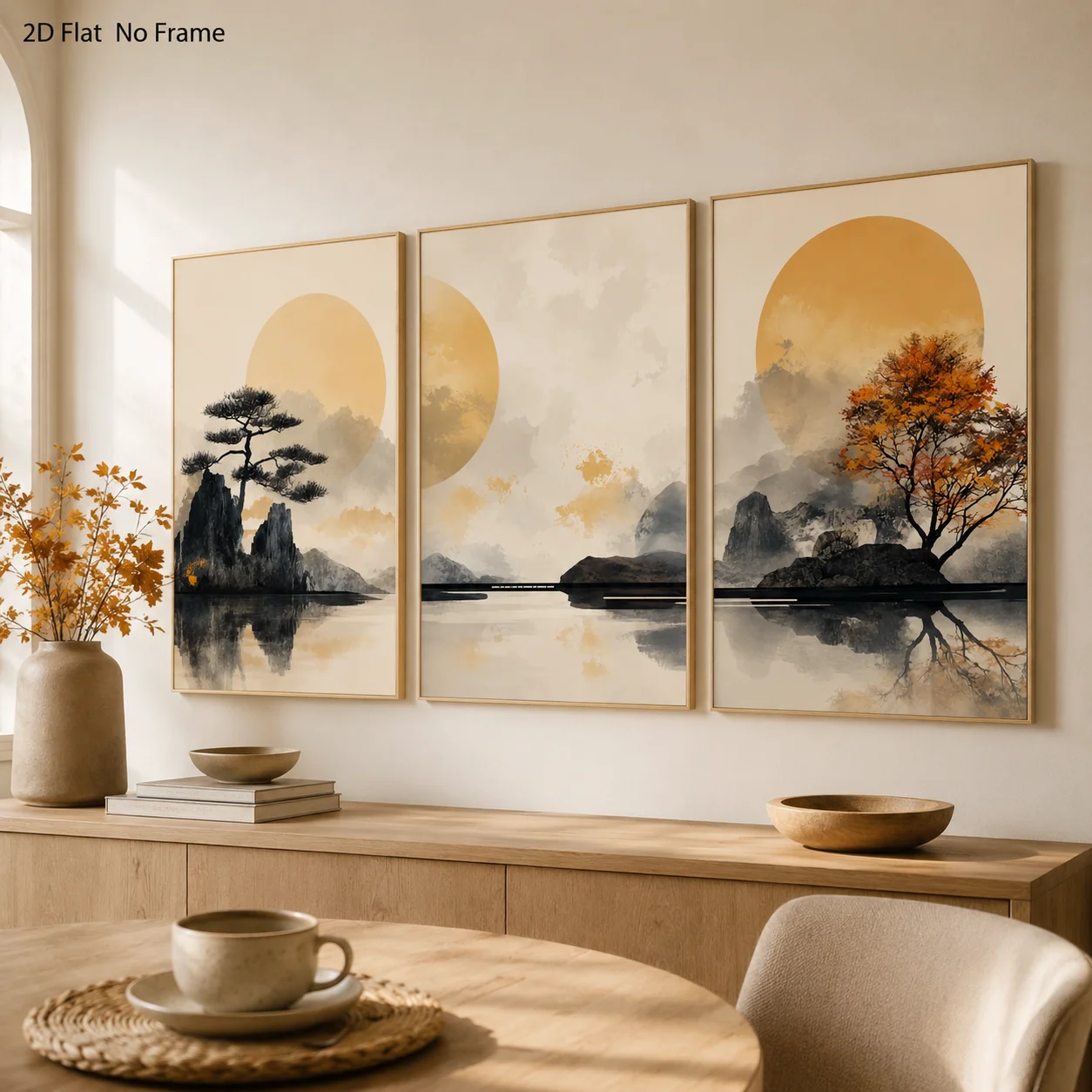3PCS Autumn Warm Golden Full-Moon Mountain Lake Pine Maple Poster Japanese-style Wall Art  Canvas Painting for Room Decor