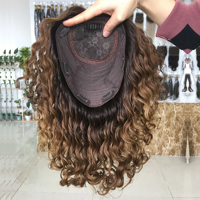 

Short Curly Wavy Virgin Human Hair Topper Silk Base Women Toupee Invisible Balding Afro Clip In Toppers Wigs