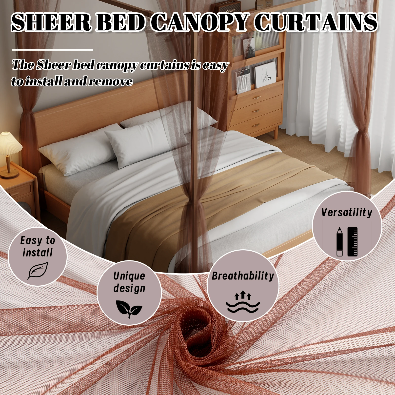 4 Corner Sheer Canopy Bed Curtains Brown Mesh Bed Curtains Canopy All Bed Size Sheer Bed Canopy Curtains for Bedroom Decoration view 3