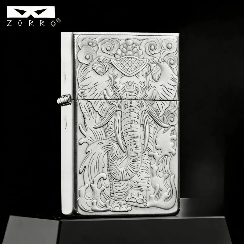 

[ZORRO] New Zorro II Silver-plated Six-Tooth Elephant Windproof Kerosine Lighter, Double-sided Carved High-Looking Gift for Men