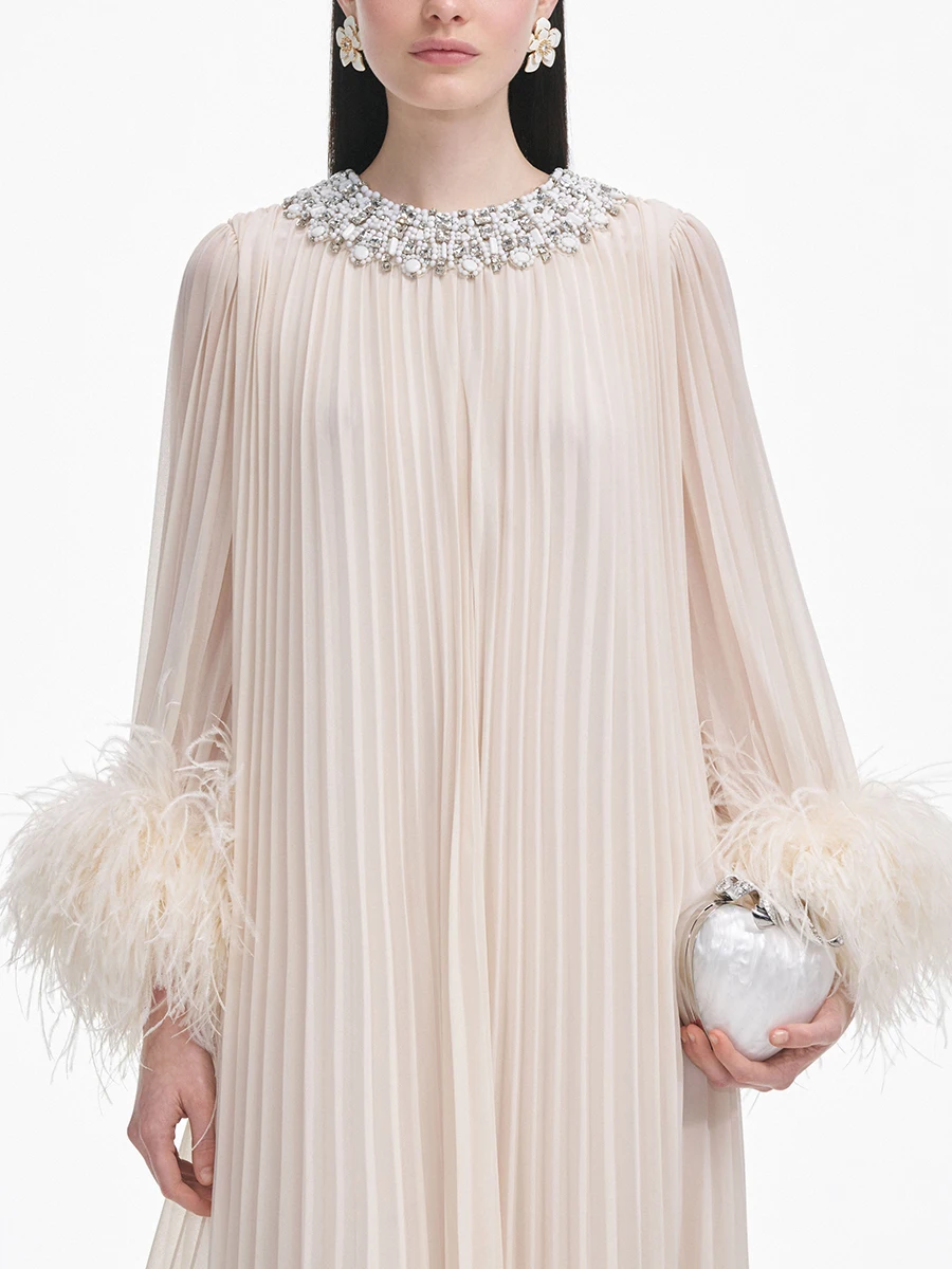 VGH Apricot Color Luxury Evening Dress for Women O Neck Flare Sleeve Patchwork Feather Loose Waist Pleated Long Dresses Female