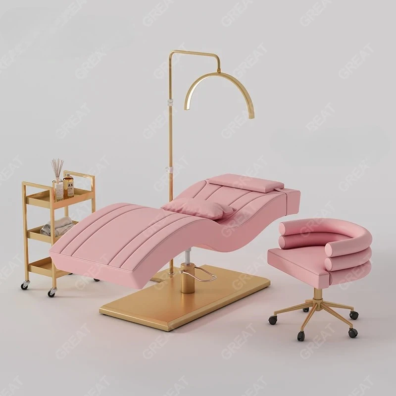 

New Arrival Design Salon Furniture Pink Leather Gold Base Eyebrow Massage Bed Luxury Beauty Shop Equipment