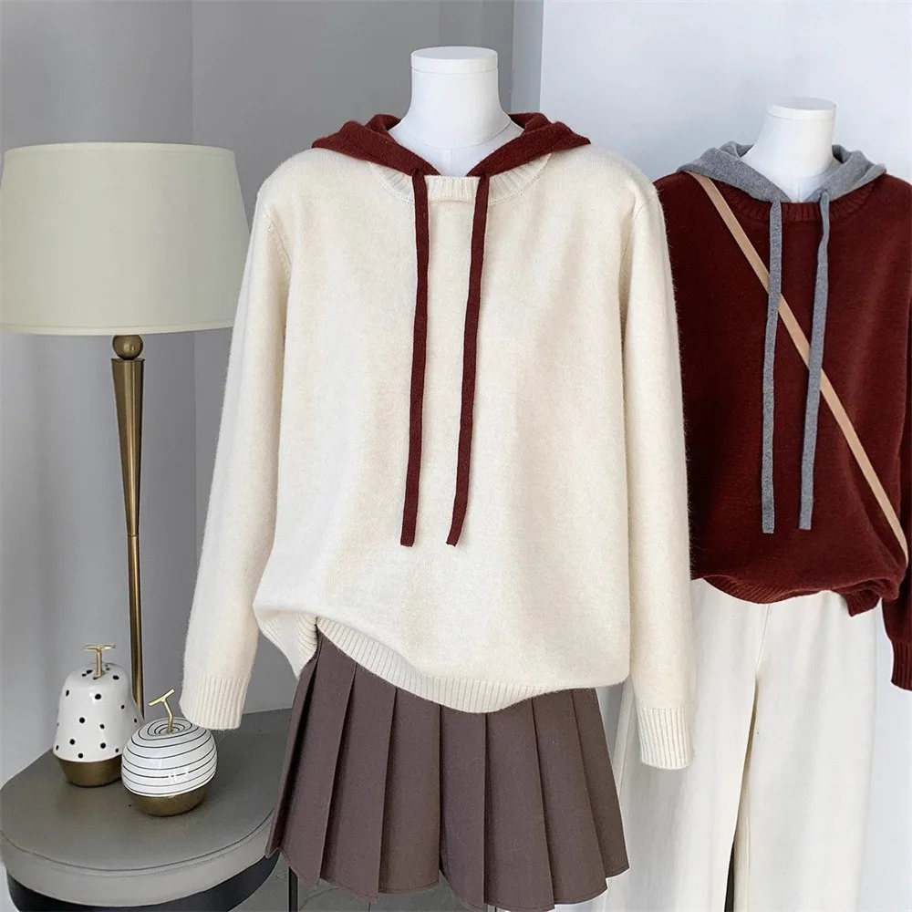 Women's Hooded Drawstring Knitted Pullover Autumn Winter Korean Style Contrast Color Out Wear Sweater Female All-match Knitwear