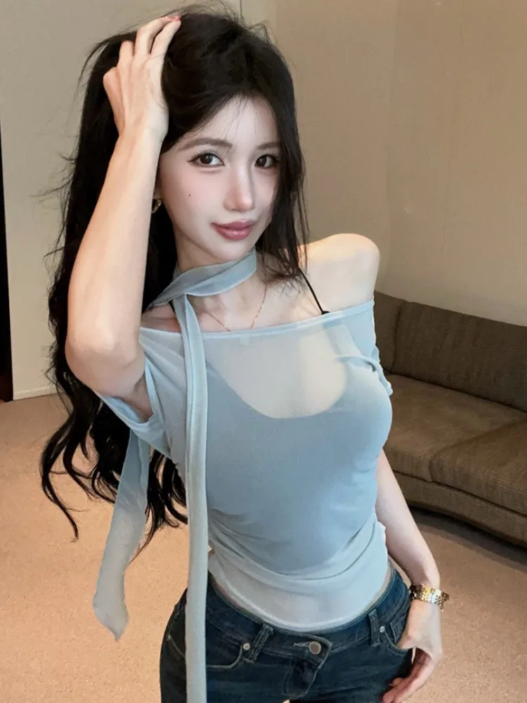 

Korean Style Sexy Short Mesh See-through One-Shoulder Vest Set Women's Summer Fashion Backless Vest Ensemble Hot Girl Look
