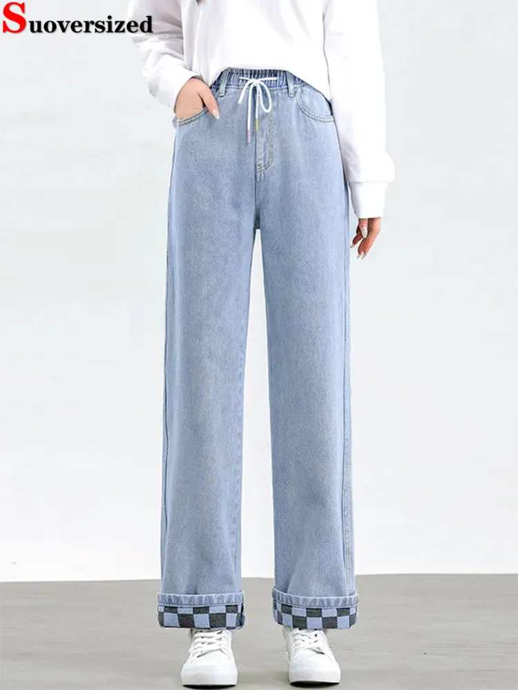 

Винтажные клетчатые джинсы на шнурке, женские повседневные прямые широкие джинсовые брюки в стиле ретро с высокой талией, корейская мода, свободные Vaqueros