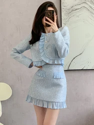 High Quality Autumn French Elegant Blue Tweed Two Piece Set Women Shiny Sequins Ruffles Crop Jacket Coat + Mini Skirt Suits