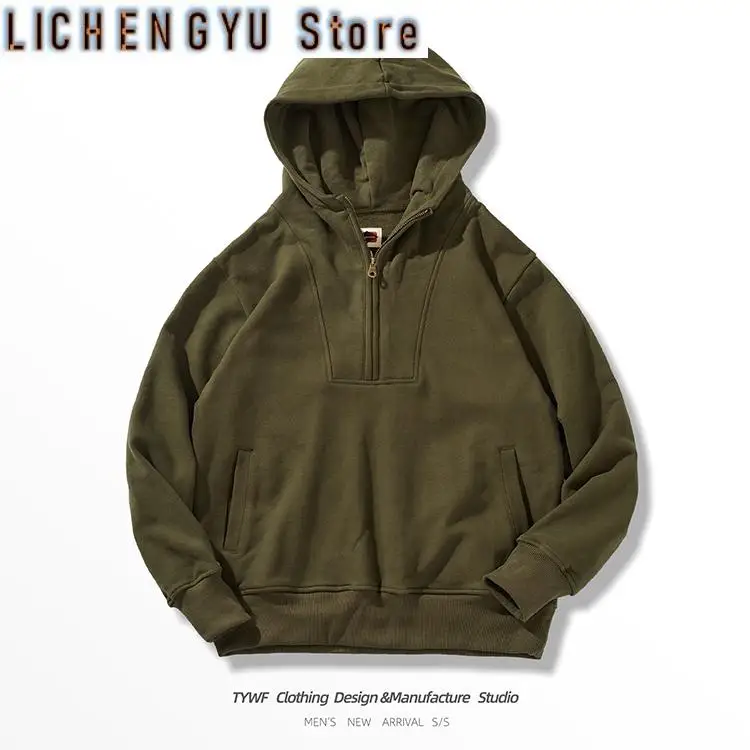 Autumn and Winter New American Retro 500G Thick Velvet Knitted Hooded Hoodies Men's 100% Cotton Washed Heavyweight Casual Jacket