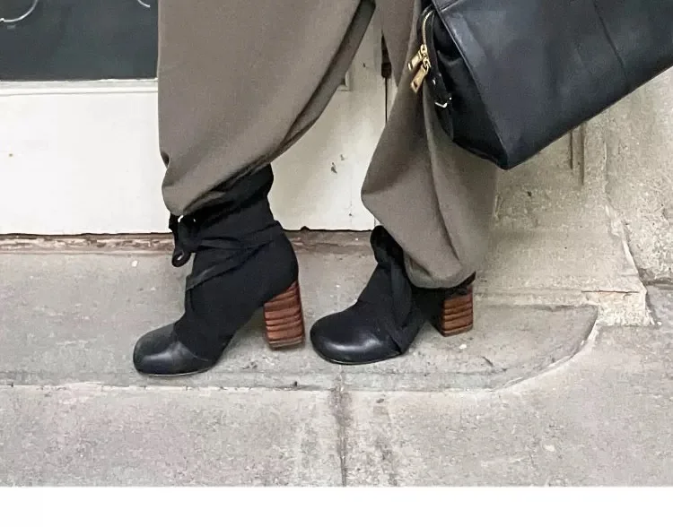 New Arrival Women's Black Leather Suede Patchwork Round Toe Bow Tie Lace-Up Striped Chunky Heel Ankle Boots Fashion All Match