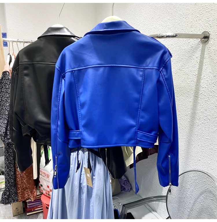 Lautaro Spring Autumn Short Blue Soft Pu Leather Biker Jacket Women Zipper Long Sleeve Belt Cool Luxury Designer Clothes 2022